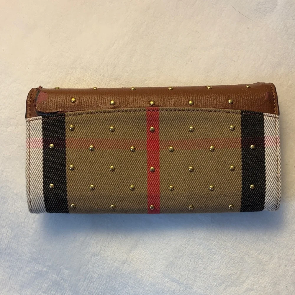 Burberry Brown Leather Studded Continental Wallet with Nova Check Trim